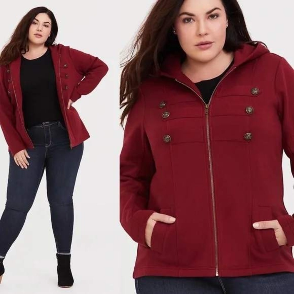 Torrid French Terry Military Hooded Jacket Burgundy‎ Band Full Zip Fleece Hoodie